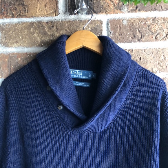 POLO RALPH LAUREN Navy Blue Shawl Collar Sweater Cotton SWEATER - Picture 4 of 9